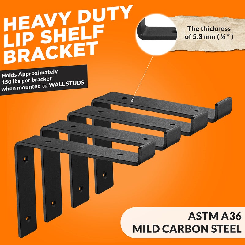 BATODA 8â€ Shelf Brackets with Lip (Match 7.25" Board) - 6 Pcs Z Shelf Bracket Black - Heavy Duty Hook Brackets for Shelves - Wall Mounted Support for DIY - Shelving Hardware Included (Pack 6) - Image 3